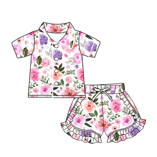 Baby Girls Lavender Flowers Buttons Top Ruffle Shorts Pajamas Sets preorder(MOQ 5)