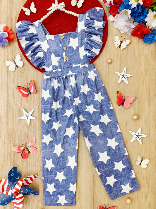 Baby Girls Blue Stars Flutter Sleeve 4th of July Jumpsuits Preorder(moq 5)