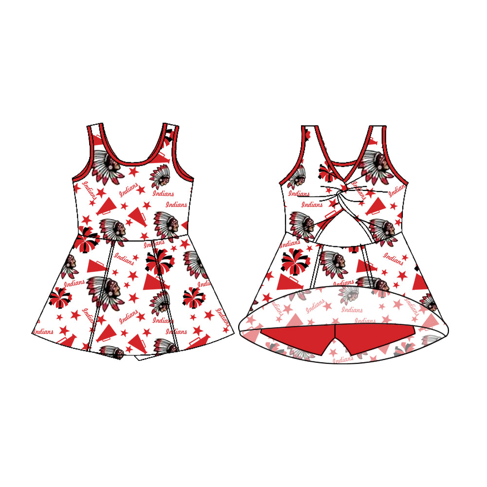 Preorder (moq 5)Baby Girls Sleeveless Red Indians Football Team Shorts Team Dresses
