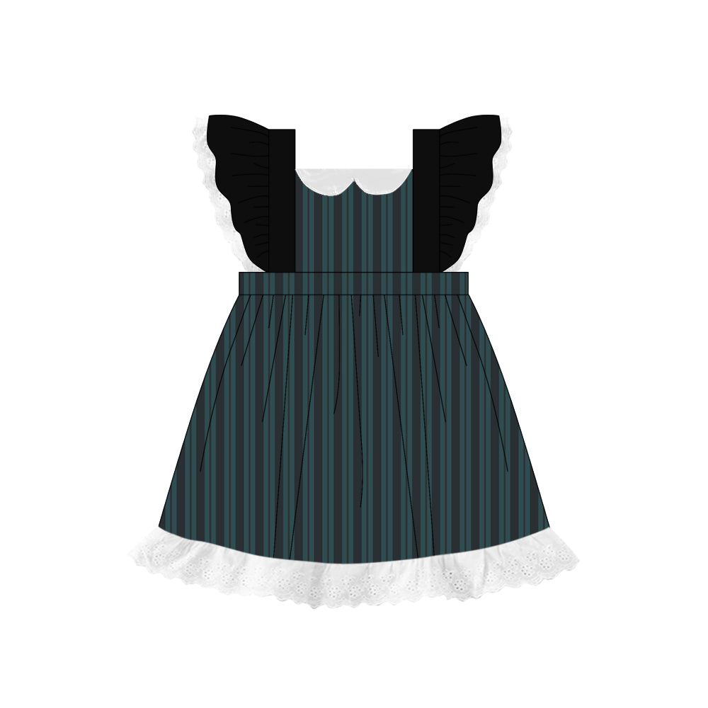 Preorder (moq 5)Baby Girls Black Flutter Sleeves Green Stripes Lace Knee Length Dresses