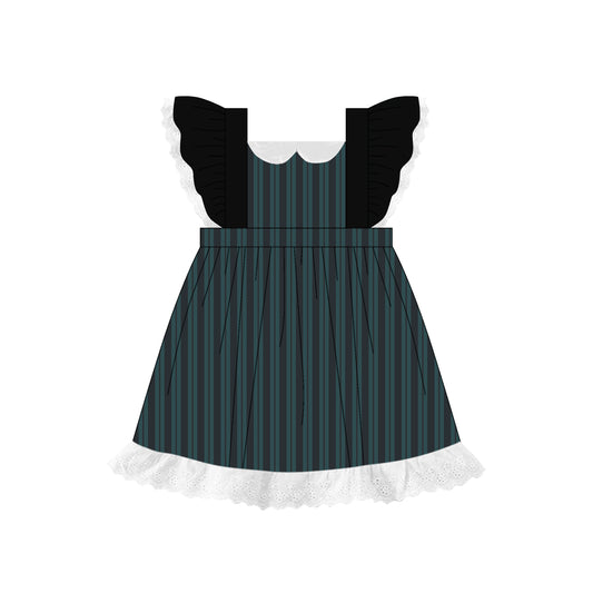 Preorder (moq 5)Baby Girls Black Flutter Sleeves Green Stripes Lace Knee Length Dresses