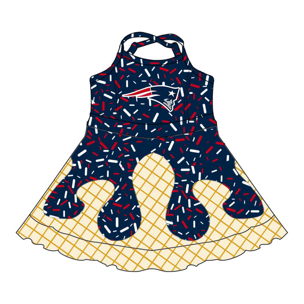 Preorder (moq 5)Baby Girls Drip Sprinkles Patriots Team Shorts Ruffle Knee Length Dress