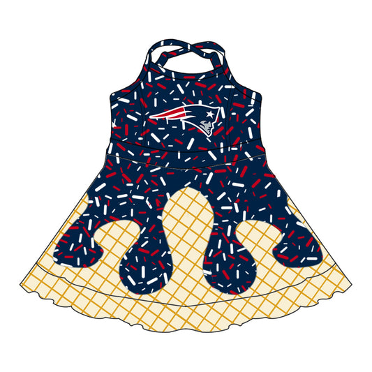 Preorder (moq 5)Baby Girls Drip Sprinkles Patriots Team Shorts Ruffle Knee Length Dress