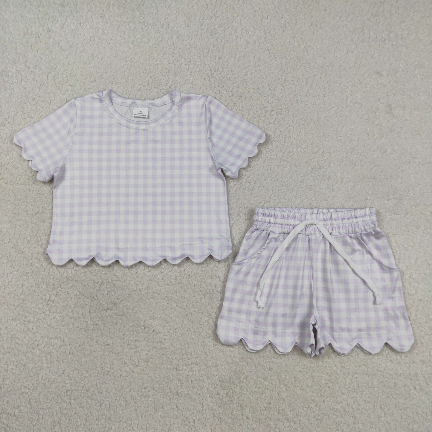 Baby Girls Lavender Checked Shirts Top Scallop Shorts Clothes Sets