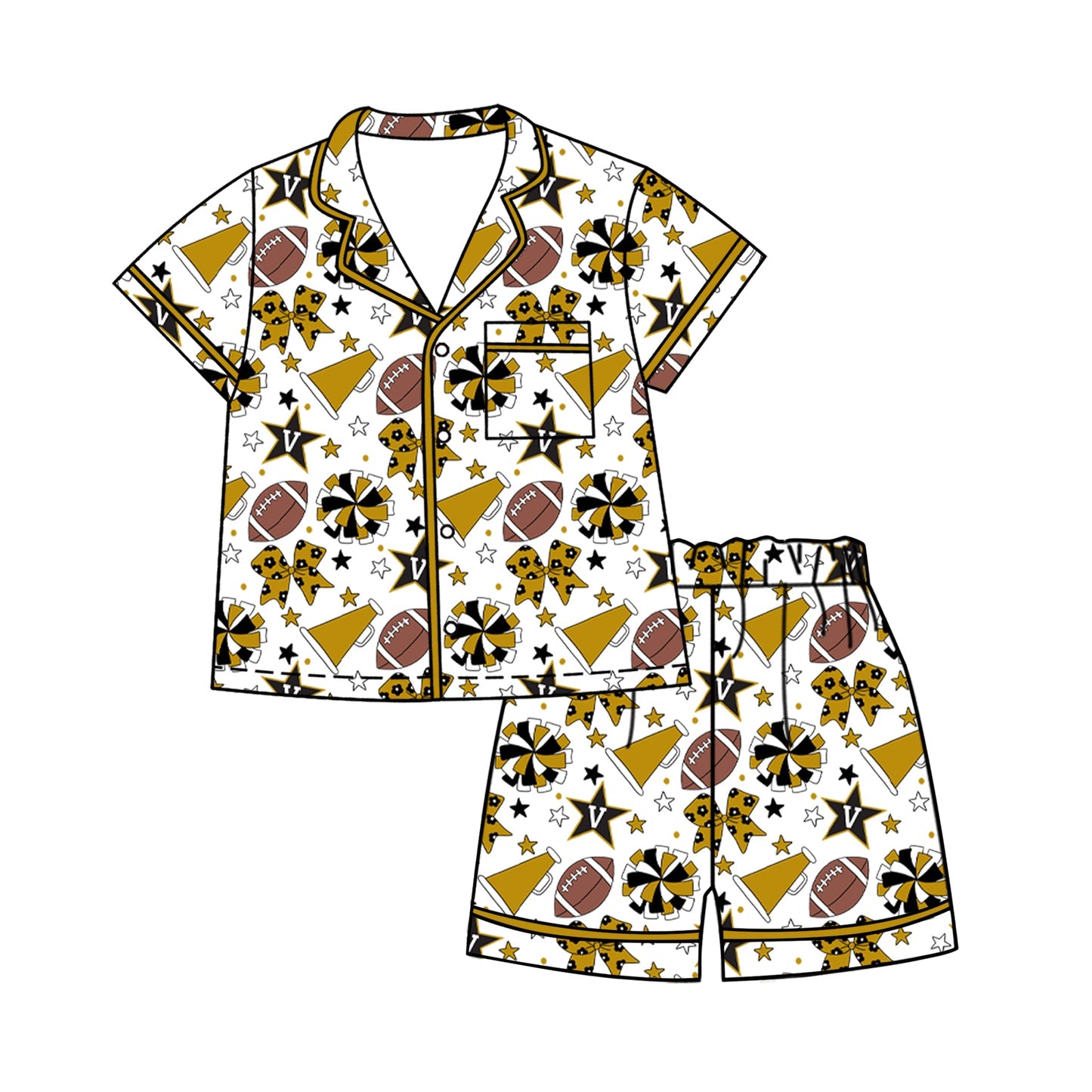 Preorder (moq 5)Baby Girls Footballs Bows Button Pocket Top Short Team Clothes Sets