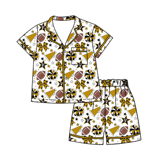 Preorder (moq 5)Baby Girls Footballs Bows Button Pocket Top Short Team Clothes Sets
