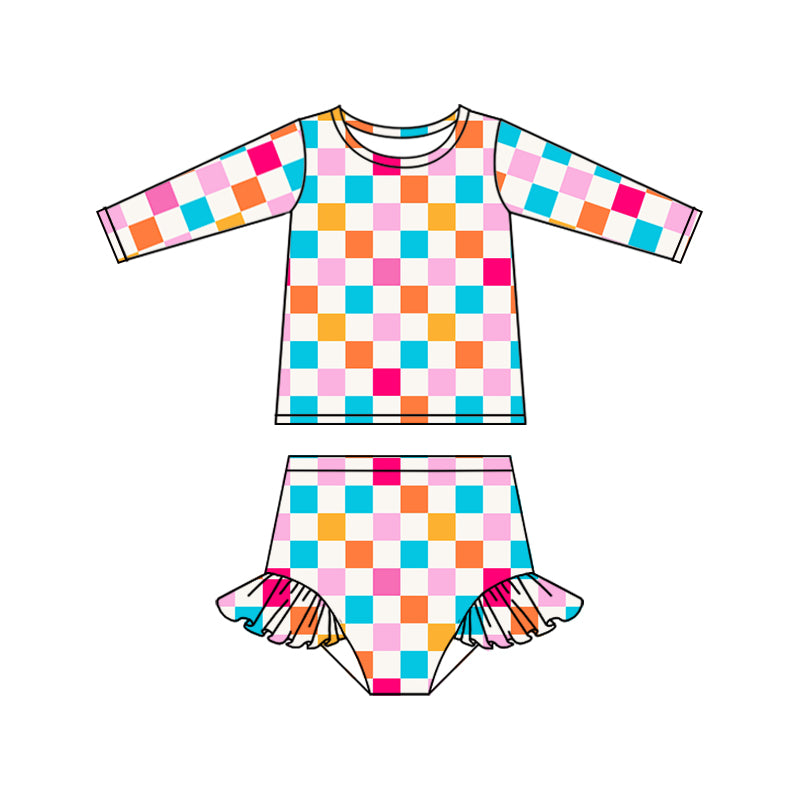 Baby Girls Colorful Checkered Long Sleeve Top Bummie Swimsuits Clothes Sets Preorder(moq 5)