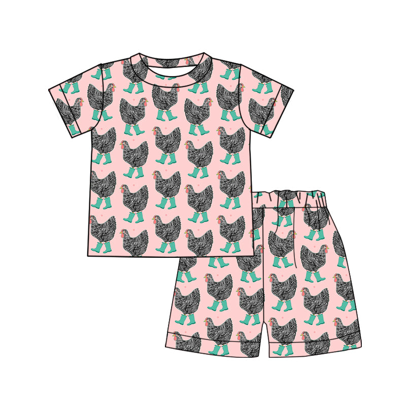 moq 5 preorder Baby Girls Pink Chicken Short Sleeve Top Shorts Pajamas