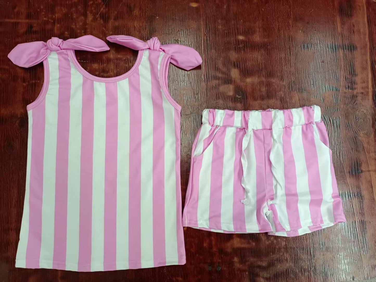 Preorder moq 5 Baby Girls Pink Bows Sleeveless Stripes Top Pockets Short Set