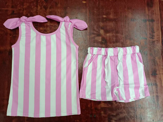Preorder moq 5 Baby Girls Pink Bows Sleeveless Stripes Top Pockets Short Set