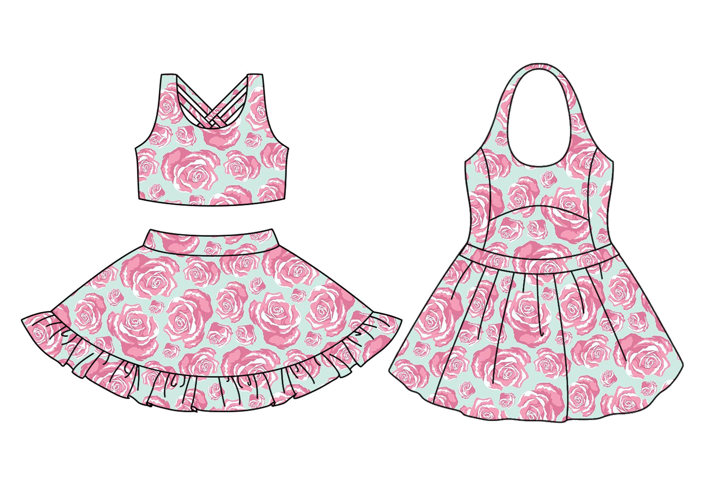 Preorder moq 5 Custom Baby Girls Pink Rose Flowers Top Ruffle Skirts Set Knee Length Dresses