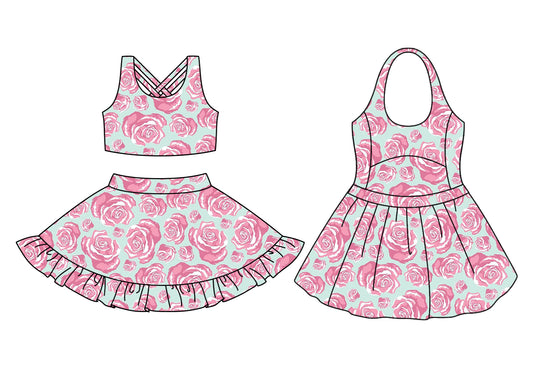 Preorder moq 5 Custom Baby Girls Pink Rose Flowers Top Ruffle Skirts Set Knee Length Dresses