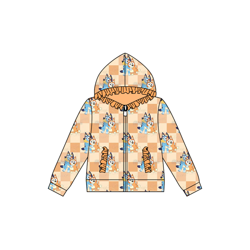 Preorder (moq 5)Baby Girls Orange Checkered Animals Dogs Hooded Zip Ruffles Tops Jackets