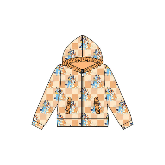 Preorder (moq 5)Baby Girls Orange Checkered Animals Dogs Hooded Zip Ruffles Tops Jackets