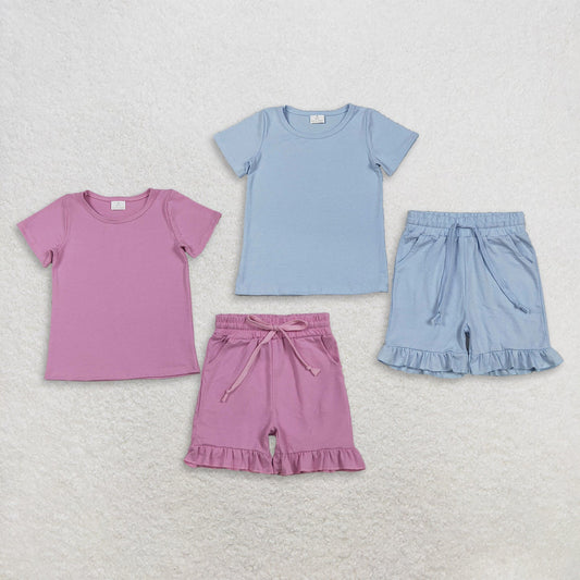 Sibling Baby Girls Short Sleeve Cotton Shirts Top Pockets Ruffle Short Clothes Sets