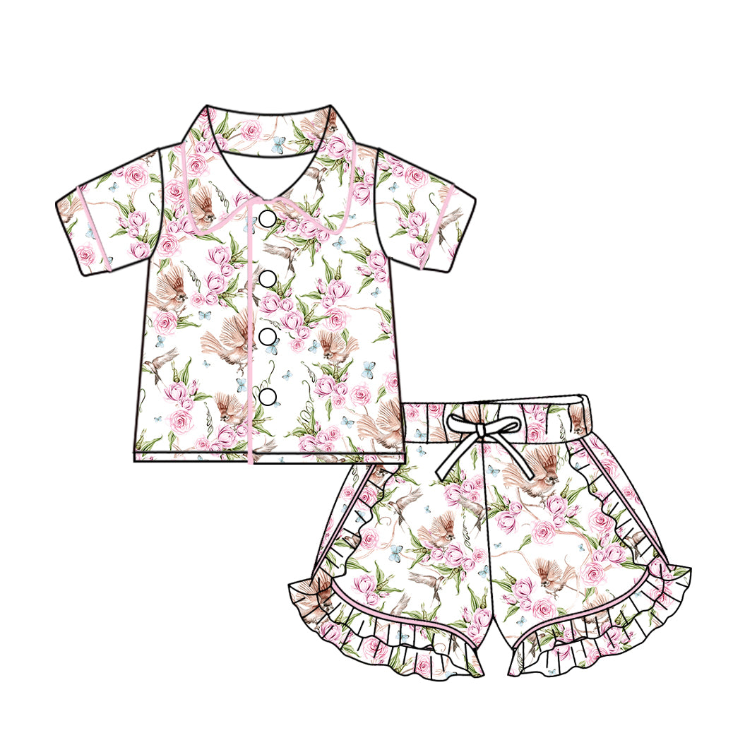 Baby Girls Birds Flowers Buttons Top Ruffle Shorts Pajamas Sets preorder(MOQ 5)