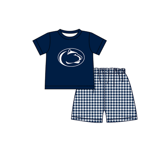 Preorder (moq 5)Baby Boys Navy Short Sleeve Leopard Top Checked Shorts Team Clothes Sets