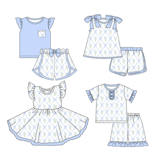 Preorder moq 5 Custom Baby Girls Blue Bows Floral Top Short Sets Knee Length Dresses