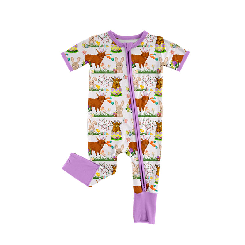 Infant Baby Girls Easter Highland Cow Zip Rompers preorder(moq 5)