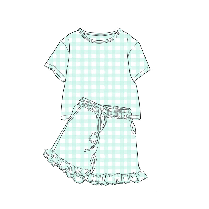 Preorder moq 5 Baby Girls Aqua Checked Shirt Top Pockets Shorts Ruffle Clothes Set