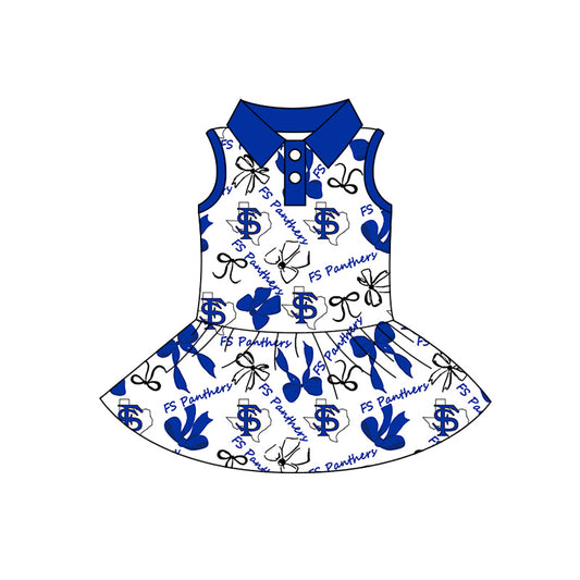 Preorder (moq 5)Baby Girls FS Panthers Sleeveless Bows Button Team Knee Length Dresses