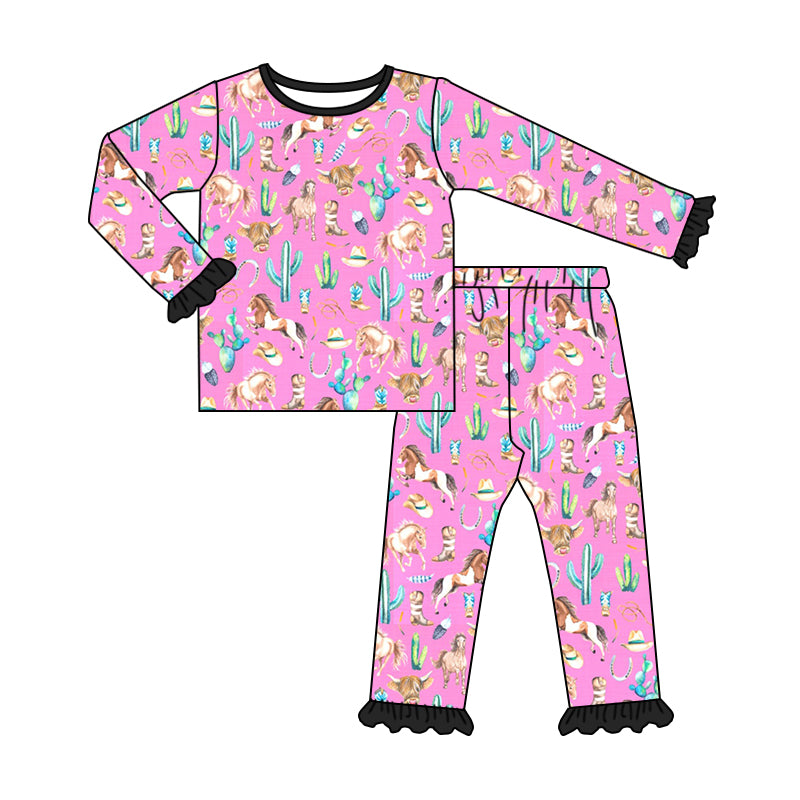 Baby Girls Pink Horse Cactus Shirt Pants Pajamas Clothes Sets Preorder(moq 5)