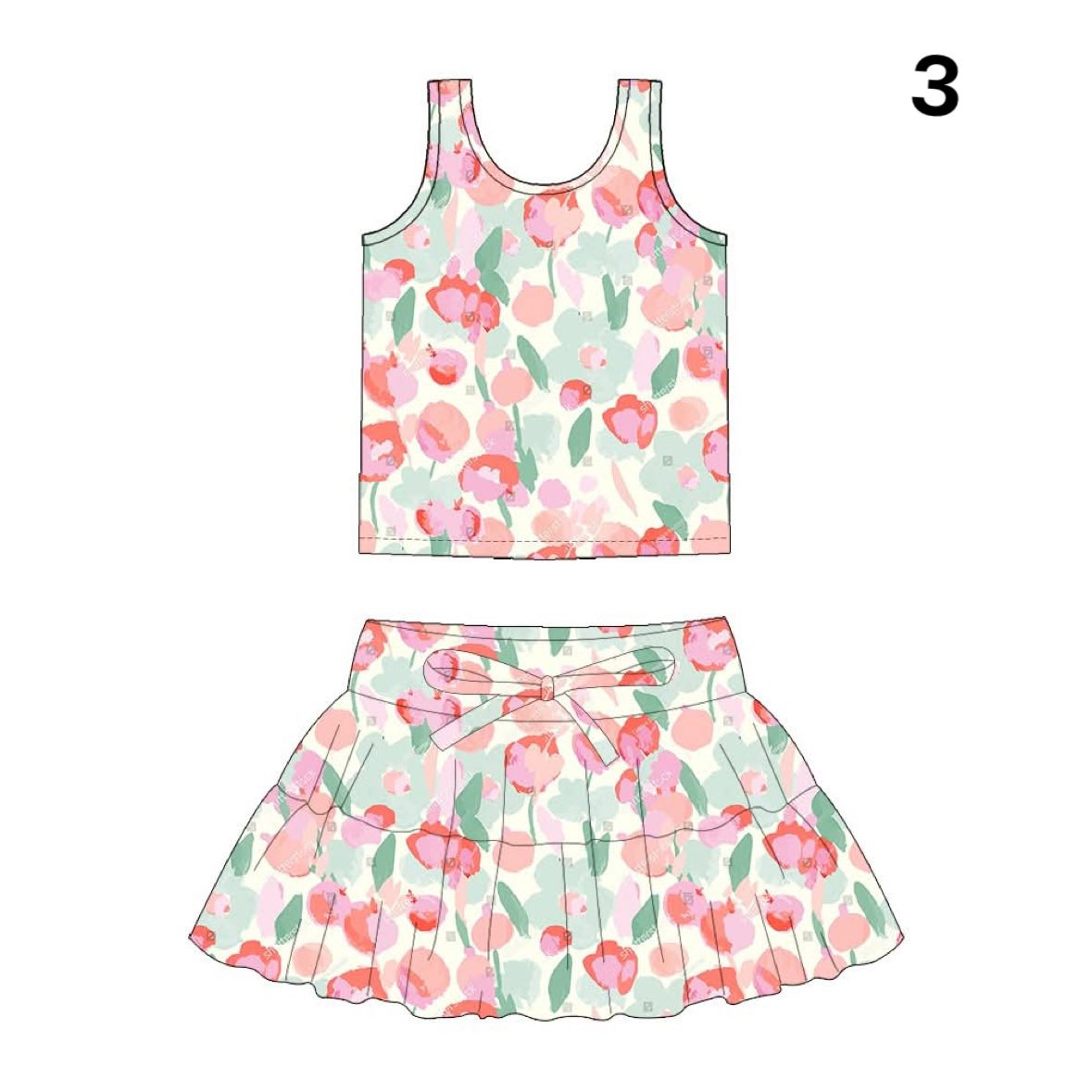Preorder (moq 5)Baby Girls Tie-dye Flowers Vests Top Skirt Shorts Clothes Sets