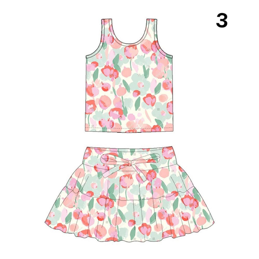 Preorder (moq 5)Baby Girls Tie-dye Flowers Vests Top Skirt Shorts Clothes Sets