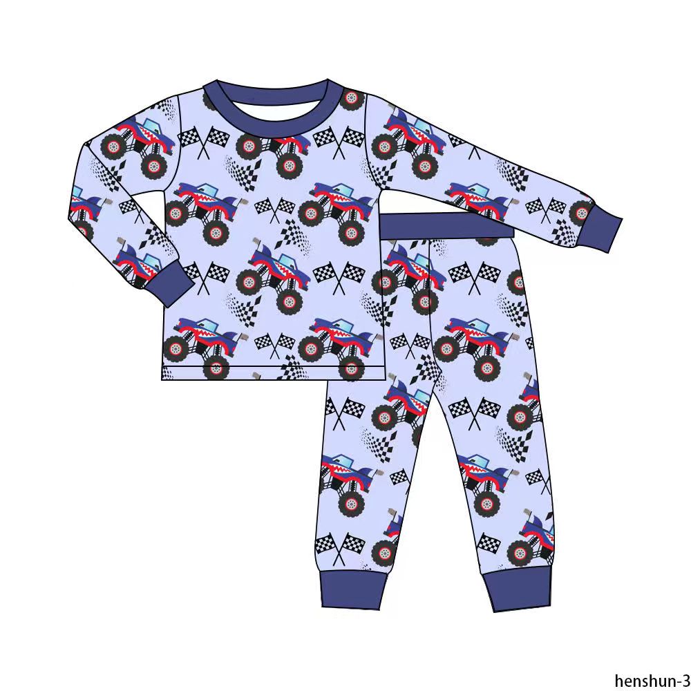 Preorder (moq 5)Baby Girls Motors Flags Plaid Top Pants Pajamas Sets