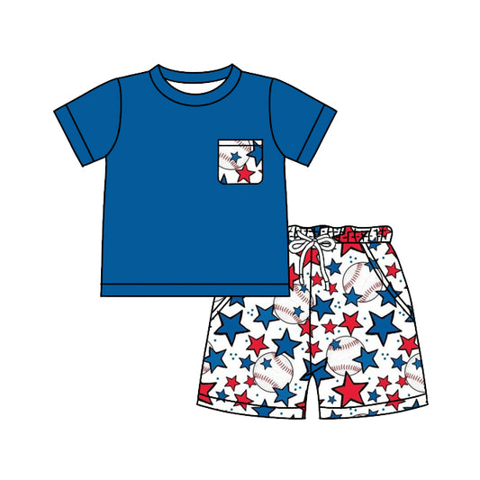 Baby Boys Blue Short Sleeve Top Stars Baseball Shorts Clothes Sets preorder(moq 5)