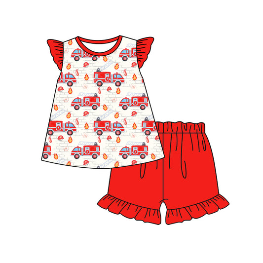 Baby Girls Firetruck Red Tunic Top Shorts Summer Clothes Sets Preorder(moq 5)