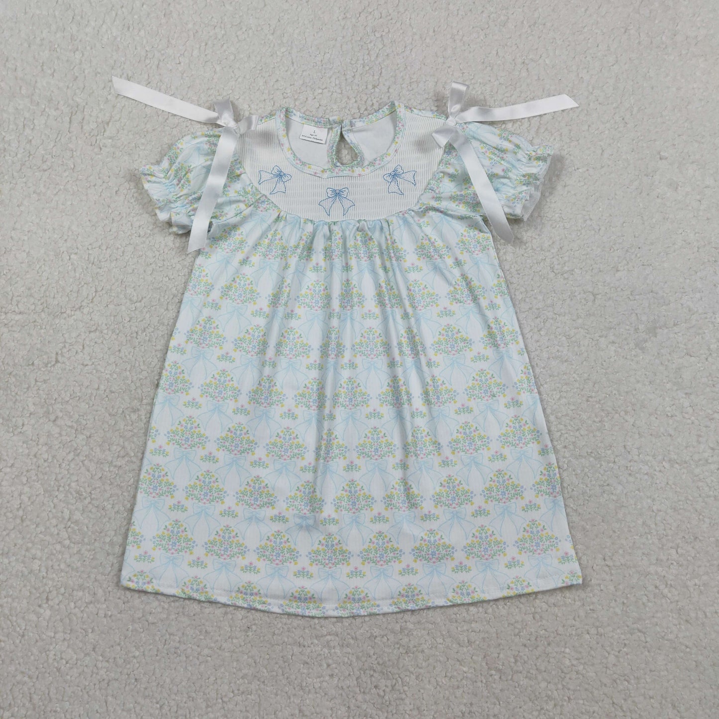 Smocked Bows Baby Girls Flowers Short Ruffle Sleeve Knee Length Dresses