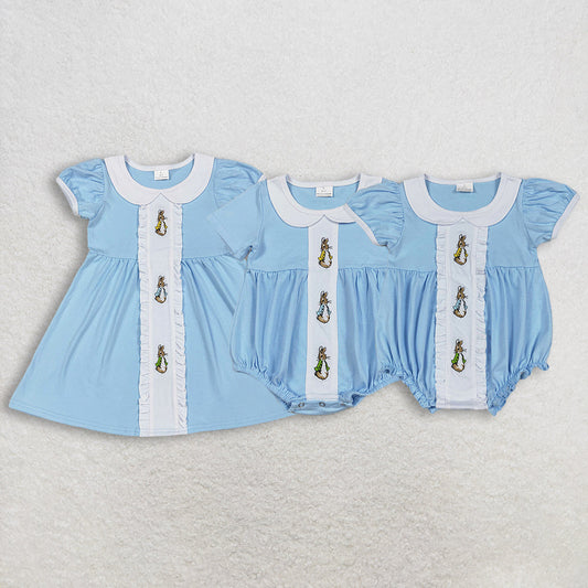 Sibling Baby Girls Short Ruffle Sleeve Embroidery Rabbits Easter Knee Length Dresses Ruffle Romper