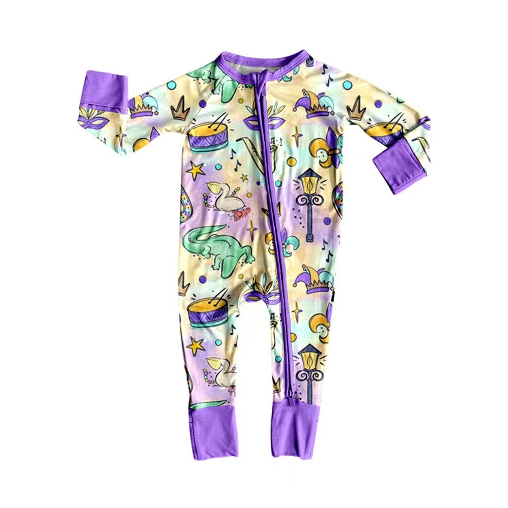 Preorder (moq 20)Baby Boys Bamboo Crocodiles Donuts Mardi Gras Zippy Footie Rompers
