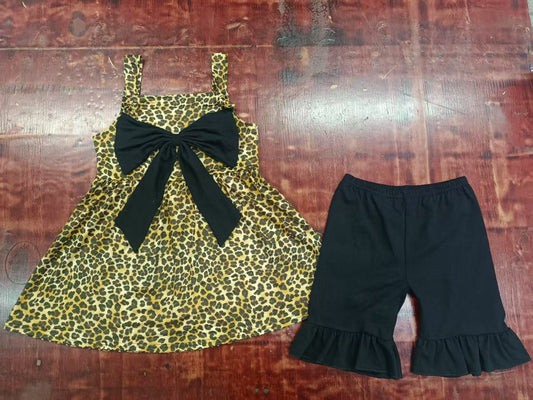 Preorder moq 5 Baby Girls Strap Leopard Black Bow Tunic Ruffle Short Sets