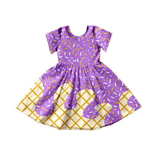 Preorder moq 5 Baby Girls Purple Ice Cream Drips Sprinkles Knee Length Dresses