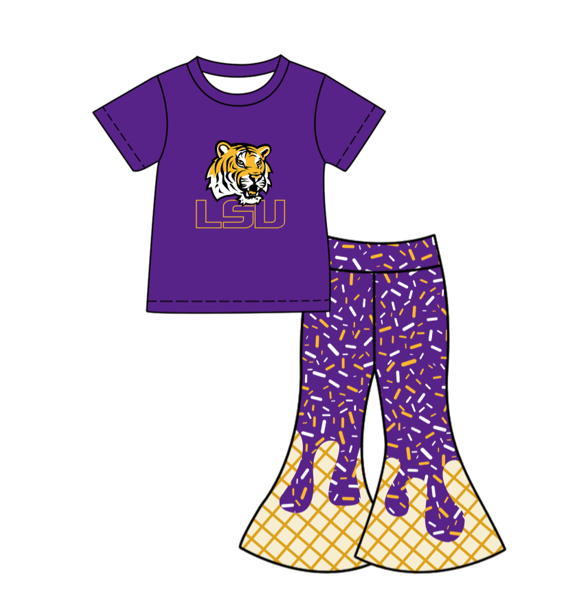 Preorder (moq 5)Baby Girls Purple LSU Tigers Top Drip Sprinkles Bell Bottom Pants Team Clothes Sets