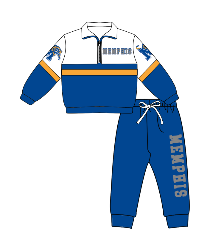 Preorder (moq 5)Baby Boys Memphis Tiger Zipper Pullover Jogger Pants Team Clothes Set