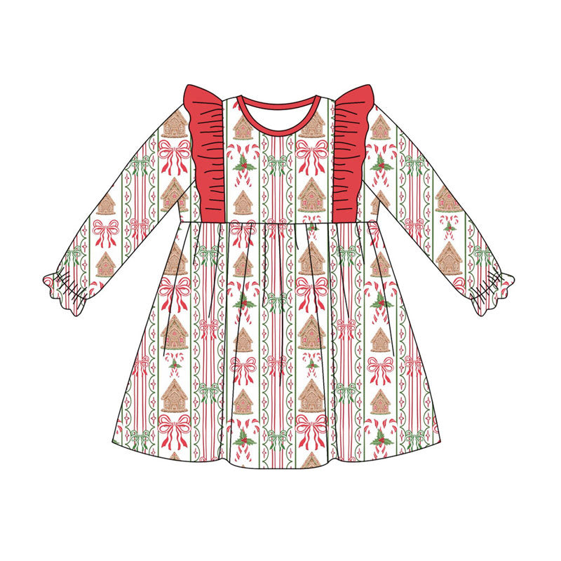 Preorder (moq 5)Baby Girls Ruffle Sleeve Candy Cane Bows Stripe Christmas Knee Length Dress