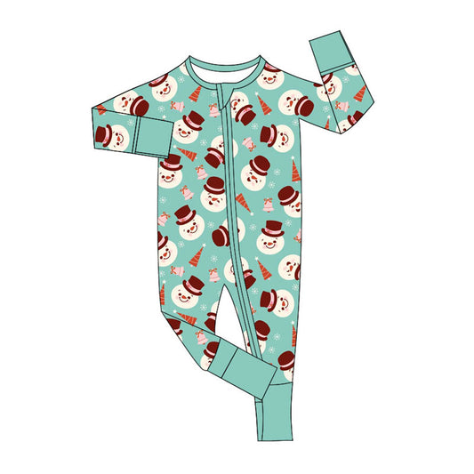 Preorder (moq 20)Baby Boys Bamboo Aqua Snowmen Trees Christmas Zippy Footie Rompers