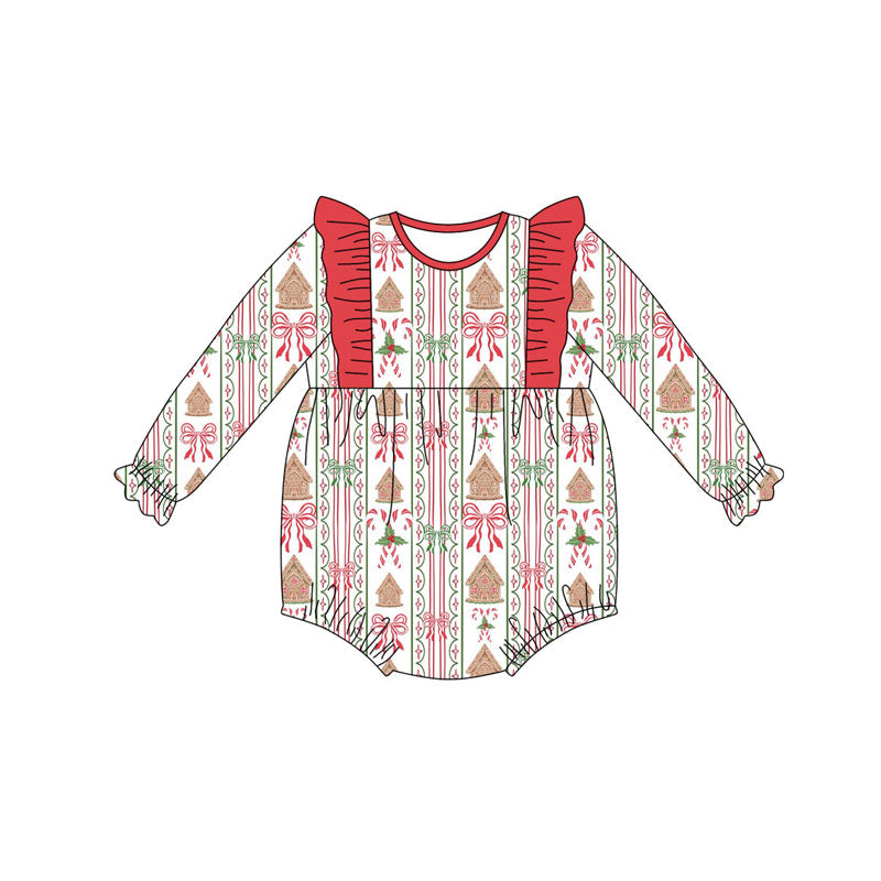 Preorder(moq 5)Baby Infant Girls Candy Cane Bows Stripe Christmas Ruffle Rompers