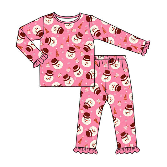 Preorder (moq 20)Baby Girls Bamboo Pink Snowmen Trees Christmas Pajamas Sets