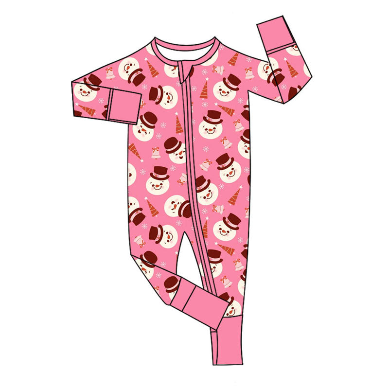 Preorder (moq 20)Baby Girls Bamboo Pink Snowmen Trees Christmas Zippy Footie Rompers