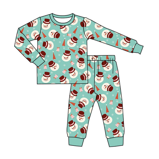 Preorder (moq 20)Baby Boys Bamboo Aqua Snowmen Trees Christmas Pajamas Sets