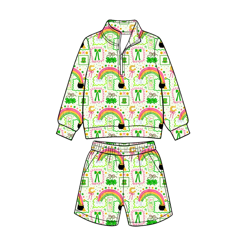 Preorder (moq 5) Baby Girl Clothes St Patrick Lucky Rainbow Shamrock Print Long Sleeve Quarter Zip Top Short Set
