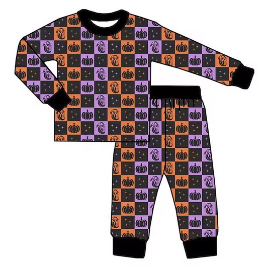 Baby Boys Bamboo Halloween Pumpkin Checkered Shirt Pants Pajamas Clothes Sets Preorder(moq 5)