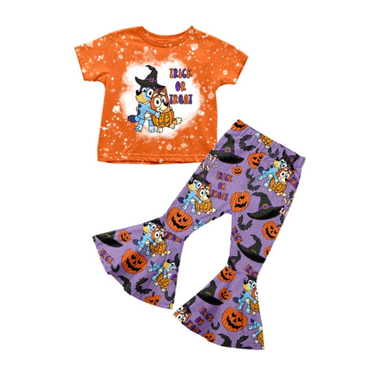 Baby Girls Dog Trick Halloween Pumpkin Shirt Bell Pants Clothes Sets Preorder(moq 5)