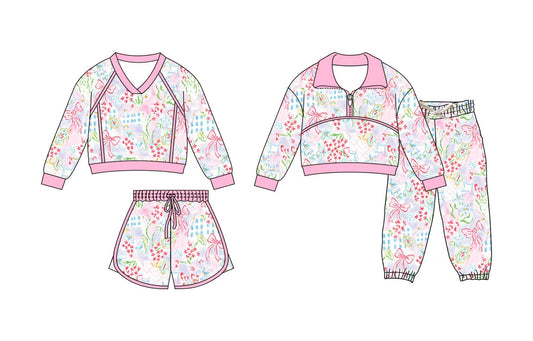 Preorder moq 5 (each item)Baby Girls Colorful Floral Bows Shirts Short Joggers Clothes Sets