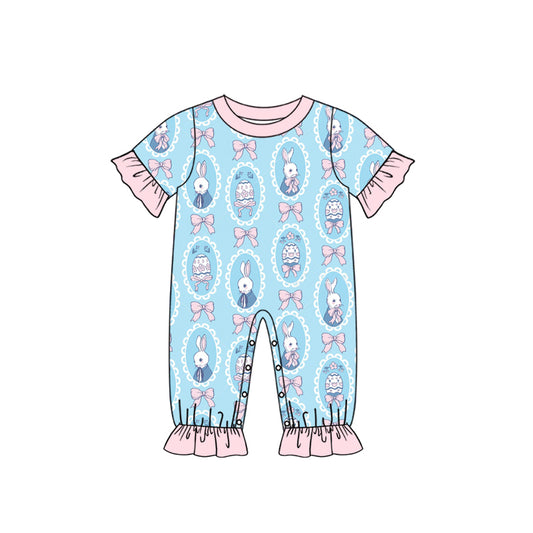 Preorder (moq 5) Baby Girl Clothes Easter Egg Bunny Bow Frame Allover Print Short Sleeve Ruffle Button Romper