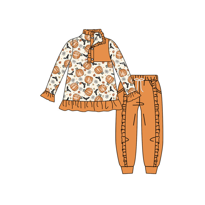 Baby Girls Halloween Pumpkin Pullover Top Ruffle Pants Clothes Sets Preorder(moq 5)